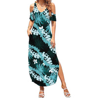 Puakenikeni Maile Lei Summer Maxi Dress Frangipani Turquoise Tropical Leaves