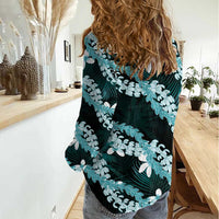 Puakenikeni Maile Lei Women Casual Shirt Frangipani Turquoise Tropical Leaves