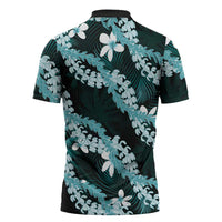 Puakenikeni Maile Lei Zipper Polo Shirt Frangipani Turquoise Tropical Leaves