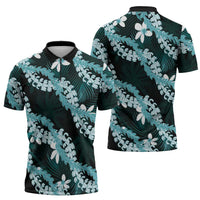 Puakenikeni Maile Lei Zipper Polo Shirt Frangipani Turquoise Tropical Leaves