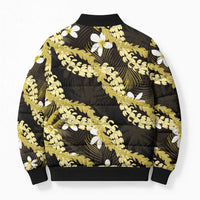 Puakenikeni Maile Lei Bomber Puffer Jacket Frangipani Yellow Tropical Leaves