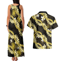Puakenikeni Maile Lei Couples Matching Tank Maxi Dress and Hawaiian Shirt Frangipani Yellow Tropical Leaves LT01 - Polynesian Pride