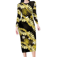 Puakenikeni Maile Lei Family Matching Long Sleeve Bodycon Dress and Hawaiian Shirt Frangipani Yellow Tropical Leaves LT01 Mom's Dress Yellow - Polynesian Pride