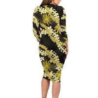 Puakenikeni Maile Lei Family Matching Long Sleeve Bodycon Dress and Hawaiian Shirt Frangipani Yellow Tropical Leaves LT01 - Polynesian Pride