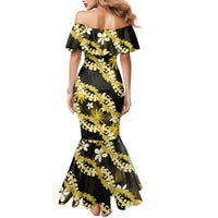 Puakenikeni Maile Lei Family Matching Mermaid Dress and Hawaiian Shirt Frangipani Yellow Tropical Leaves LT01 - Polynesian Pride