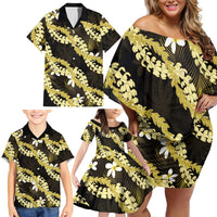 Puakenikeni Maile Lei Family Matching Off Shoulder Short Dress and Hawaiian Shirt Frangipani Yellow Tropical Leaves LT01 - Polynesian Pride