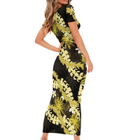 Puakenikeni Maile Lei Family Matching Short Sleeve Bodycon Dress and Hawaiian Shirt Frangipani Yellow Tropical Leaves LT01 - Polynesian Pride