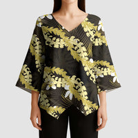 Puakenikeni Maile Lei Kimono Sleeve Blouse Frangipani Yellow Tropical Leaves