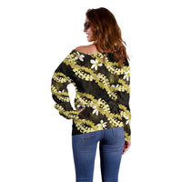 Puakenikeni Maile Lei Off Shoulder Sweater Frangipani Yellow Tropical Leaves