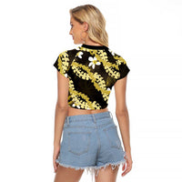 Puakenikeni Maile Lei Raglan Cropped T Shirt Frangipani Yellow Tropical Leaves LT01 - Polynesian Pride