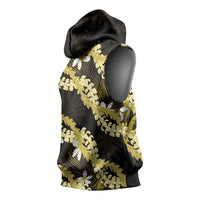 Puakenikeni Maile Lei Sleeveless Hoodie Frangipani Yellow Tropical Leaves
