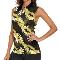 Puakenikeni Maile Lei Women Sleeveless Polo Shirt Frangipani Yellow Tropical Leaves LT01 - Polynesian Pride