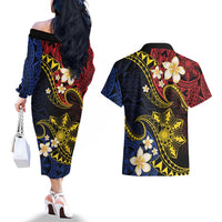 Philippines Spirit Tribal Sun Plumeria Couples Matching Off The Shoulder Long Sleeve Dress and Hawaiian Shirt Red And Blue Polynesian Pattern LT01 - Polynesian Pride