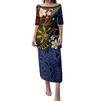 Philippines Spirit Tribal Sun Plumeria Family Matching Puletasi and Hawaiian Shirt Red And Blue Polynesian Pattern LT01 Mom's Dress Black - Polynesian Pride