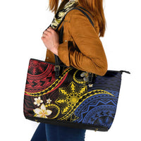 Philippines Spirit Tribal Sun Plumeria Leather Tote Bag Red And Blue Polynesian Pattern