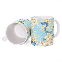 Hawaii Hibiscus Plumeria Blue Ceramic Mug Polynesian Pattern