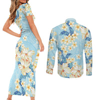 Hawaii Hibiscus Plumeria Blue Couples Matching Short Sleeve Bodycon Dress and Long Sleeve Button Shirt Polynesian Pattern