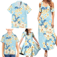 Hawaii Hibiscus Plumeria Blue Family Matching Summer Maxi Dress and Hawaiian Shirt Polynesian Pattern