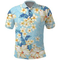 Hawaii Hibiscus Plumeria Blue Polo Shirt Polynesian Pattern