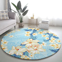 Hawaii Hibiscus Plumeria Blue Round Carpet Polynesian Pattern