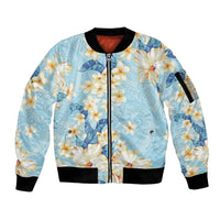 Hawaii Hibiscus Plumeria Blue Sleeve Zip Bomber Jacket Polynesian Pattern