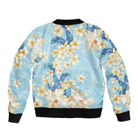 Hawaii Hibiscus Plumeria Blue Sleeve Zip Bomber Jacket Polynesian Pattern