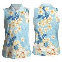 Hawaii Hibiscus Plumeria Blue Women Sleeveless Polo Shirt Polynesian Pattern