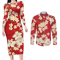Hawaii Hibiscus Plumeria Red Couples Matching Long Sleeve Bodycon Dress and Long Sleeve Button Shirt Polynesian Pattern