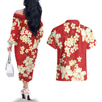 Hawaii Hibiscus Plumeria Red Couples Matching Off The Shoulder Long Sleeve Dress and Hawaiian Shirt Polynesian Pattern
