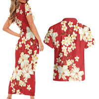 Hawaii Hibiscus Plumeria Red Couples Matching Short Sleeve Bodycon Dress and Hawaiian Shirt Polynesian Pattern