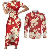Hawaii Hibiscus Plumeria Red Couples Matching Short Sleeve Bodycon Dress and Long Sleeve Button Shirt Polynesian Pattern