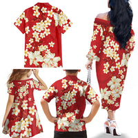 Hawaii Hibiscus Plumeria Red Family Matching Off The Shoulder Long Sleeve Dress and Hawaiian Shirt Polynesian Pattern