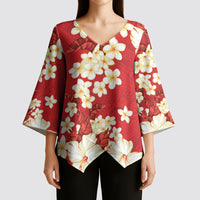 Hawaii Hibiscus Plumeria Red Kimono Sleeve Blouse Polynesian Pattern