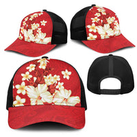 Hawaii Hibiscus Plumeria Red Mesh Trucker Cap Polynesian Pattern