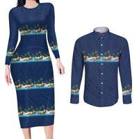 Hawaii Santa Riding Sea Turtle Couples Matching Long Sleeve Bodycon Dress and Long Sleeve Button Shirt Mele Kalikimaka Polynesian Pattern - Polynesian Pride