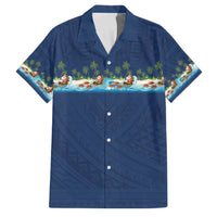 Hawaii Santa Riding Sea Turtle Family Matching Off The Shoulder Long Sleeve Dress and Hawaiian Shirt Mele Kalikimaka Polynesian Pattern LT01 Dad's Shirt - Short Sleeve Blue - Polynesian Pride