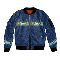 Hawaii Santa Riding Sea Turtle Sleeve Zip Bomber Jacket Mele Kalikimaka Polynesian Pattern LT01 Unisex Blue - Polynesian Pride