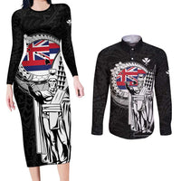 Personalized Hawaii King Kamehameha Couples Matching Long Sleeve Bodycon Dress and Long Sleeve Button Shirt Flag Polynesian Pattern