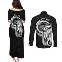 Personalized Hawaii King Kamehameha Couples Matching Puletasi and Long Sleeve Button Shirt Flag Polynesian Pattern
