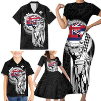 Personalized Hawaii King Kamehameha Family Matching Short Sleeve Bodycon Dress and Hawaiian Shirt Flag Polynesian Pattern