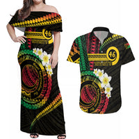 Vanuatu Independence Day Couples Matching Off Shoulder Maxi Dress and Hawaiian Shirt Yumi 46th Hapi Indipendens Dei LT01 Black - Polynesian Pride