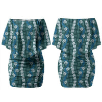 Pikake Maile Tiare Lei Couples Matching Off Shoulder Short Dress and Long Sleeve Button Shirt Polu Lauhala Pattern LT01 - Polynesian Pride