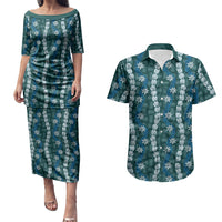 Pikake Maile Tiare Lei Couples Matching Puletasi and Hawaiian Shirt Polu Lauhala Pattern LT01 Blue - Polynesian Pride