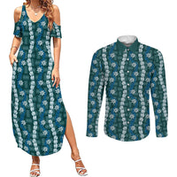 Pikake Maile Tiare Lei Couples Matching Summer Maxi Dress and Long Sleeve Button Shirt Polu Lauhala Pattern LT01 Blue - Polynesian Pride