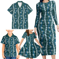 Pikake Maile Tiare Lei Family Matching Long Sleeve Bodycon Dress and Hawaiian Shirt Polu Lauhala Pattern LT01 - Polynesian Pride