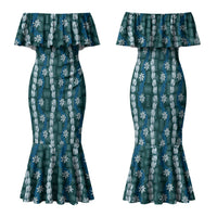 Pikake Maile Tiare Lei Family Matching Mermaid Dress and Hawaiian Shirt Polu Lauhala Pattern LT01 Mom's Dress Blue - Polynesian Pride