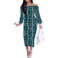 Pikake Maile Tiare Lei Family Matching Off The Shoulder Long Sleeve Dress and Hawaiian Shirt Polu Lauhala Pattern