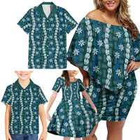 Pikake Maile Tiare Lei Family Matching Off Shoulder Short Dress and Hawaiian Shirt Polu Lauhala Pattern LT01 - Polynesian Pride