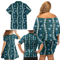 Pikake Maile Tiare Lei Family Matching Off Shoulder Short Dress and Hawaiian Shirt Polu Lauhala Pattern LT01 Mom's Dress Blue - Polynesian Pride