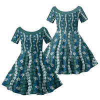 Pikake Maile Tiare Lei Family Matching Off Shoulder Short Dress and Hawaiian Shirt Polu Lauhala Pattern LT01 Daughter's Dress Blue - Polynesian Pride
